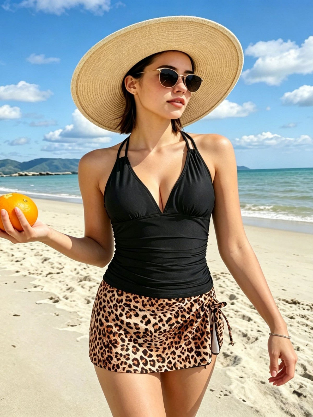 Deep V Halter Leopard Skirted Bikini Set | Women's Swimwear