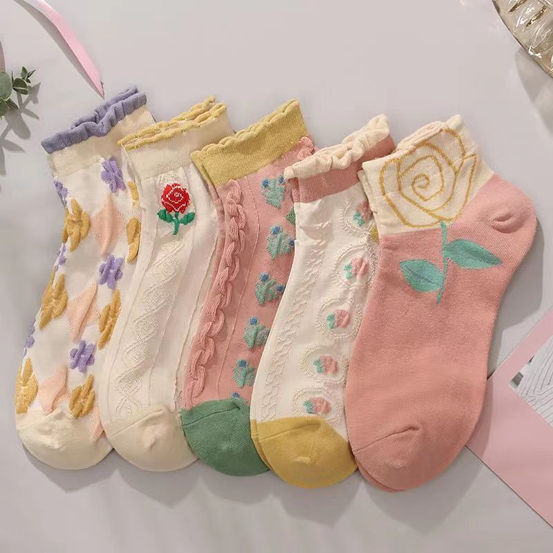 Floral Ruffle Ankle Socks for Women | Breathable Cotton Everyday Socks