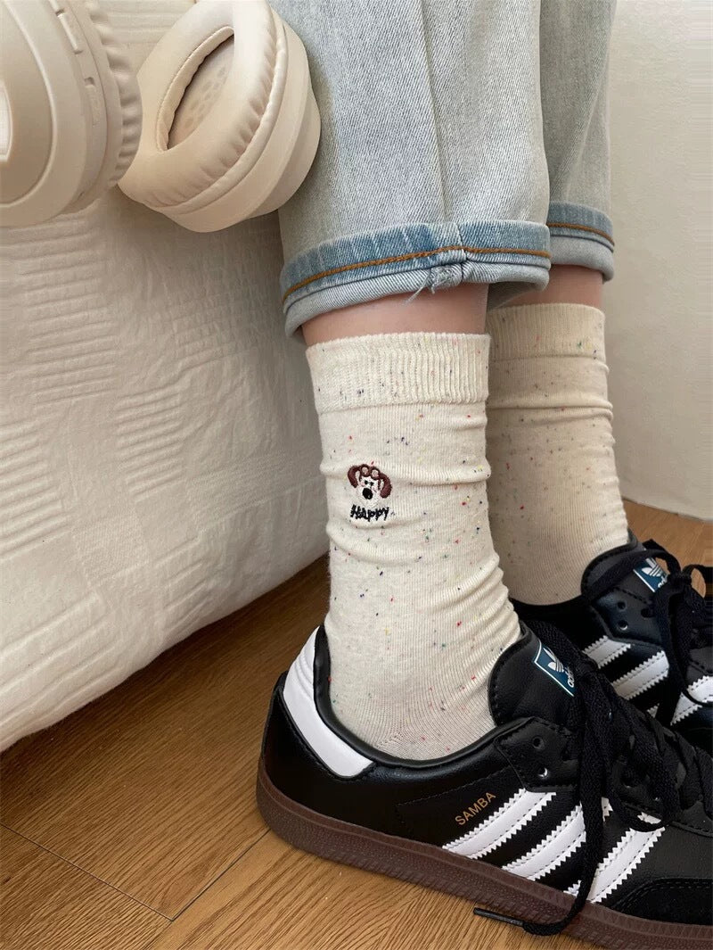 Cute Embroidered Crew Socks for Women | Soft Speckled Cotton Socks