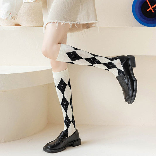 Argyle Patterned Calf Socks for Women | Preppy Cotton Socks
