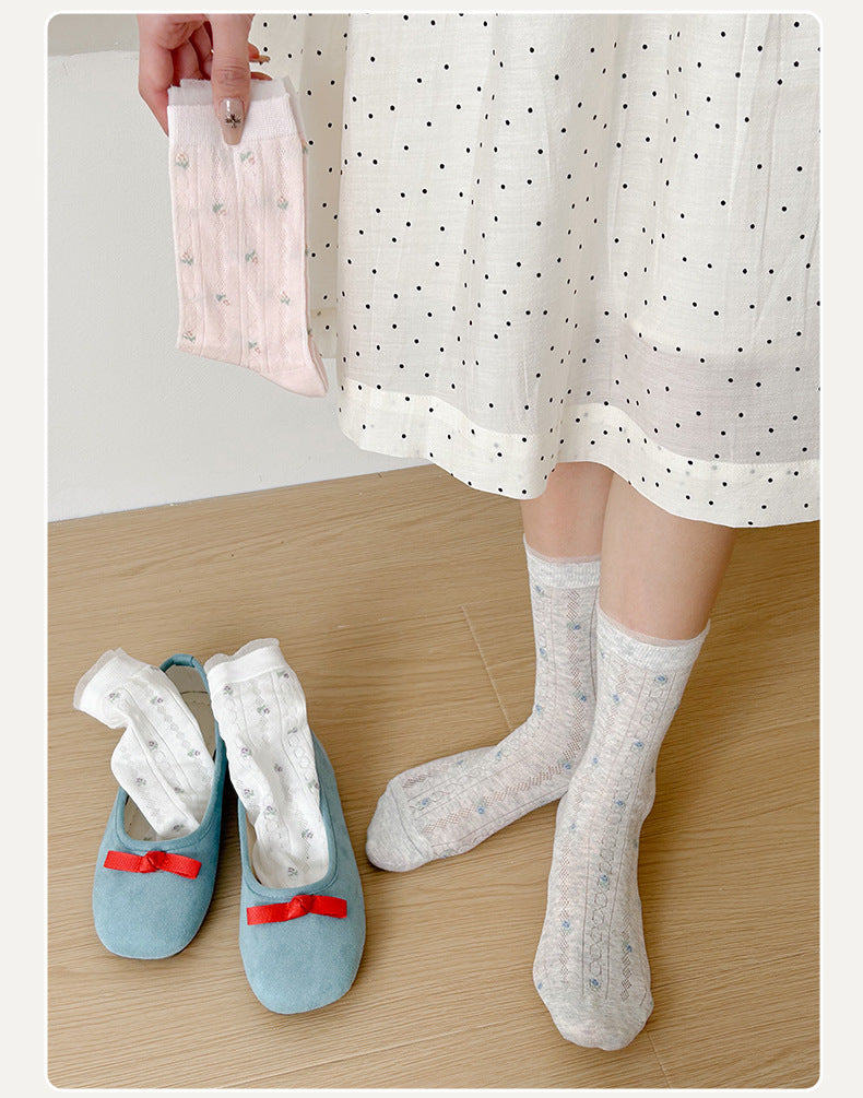 Floral Mesh Cotton Crew Socks for Women | Breathable Spring Summer