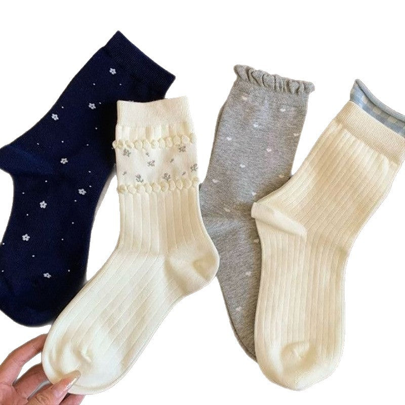 Cute Floral Crew Socks for Women | Soft Cotton Mid Calf Socks