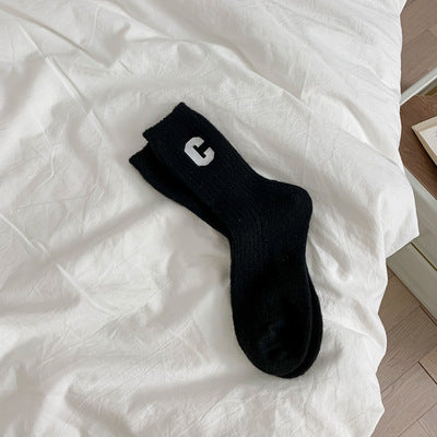 C-Logo Cotton Crew Socks for Women | Trendy Fall Winter Mid Calf