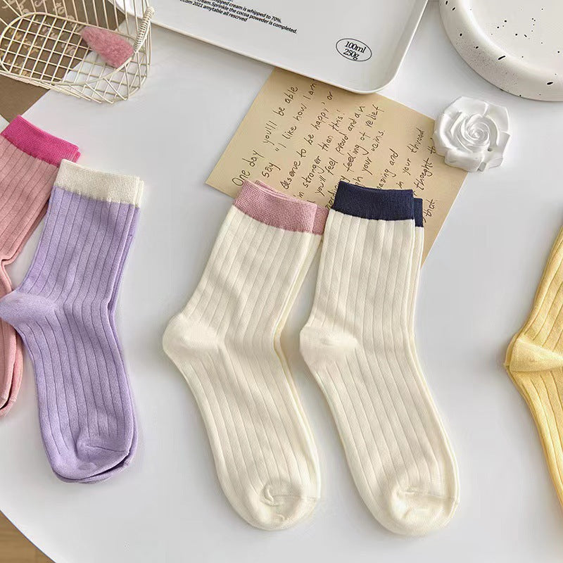 Contrast Cuff Crew Socks for Women | Lightweight Striped Cotton Socks