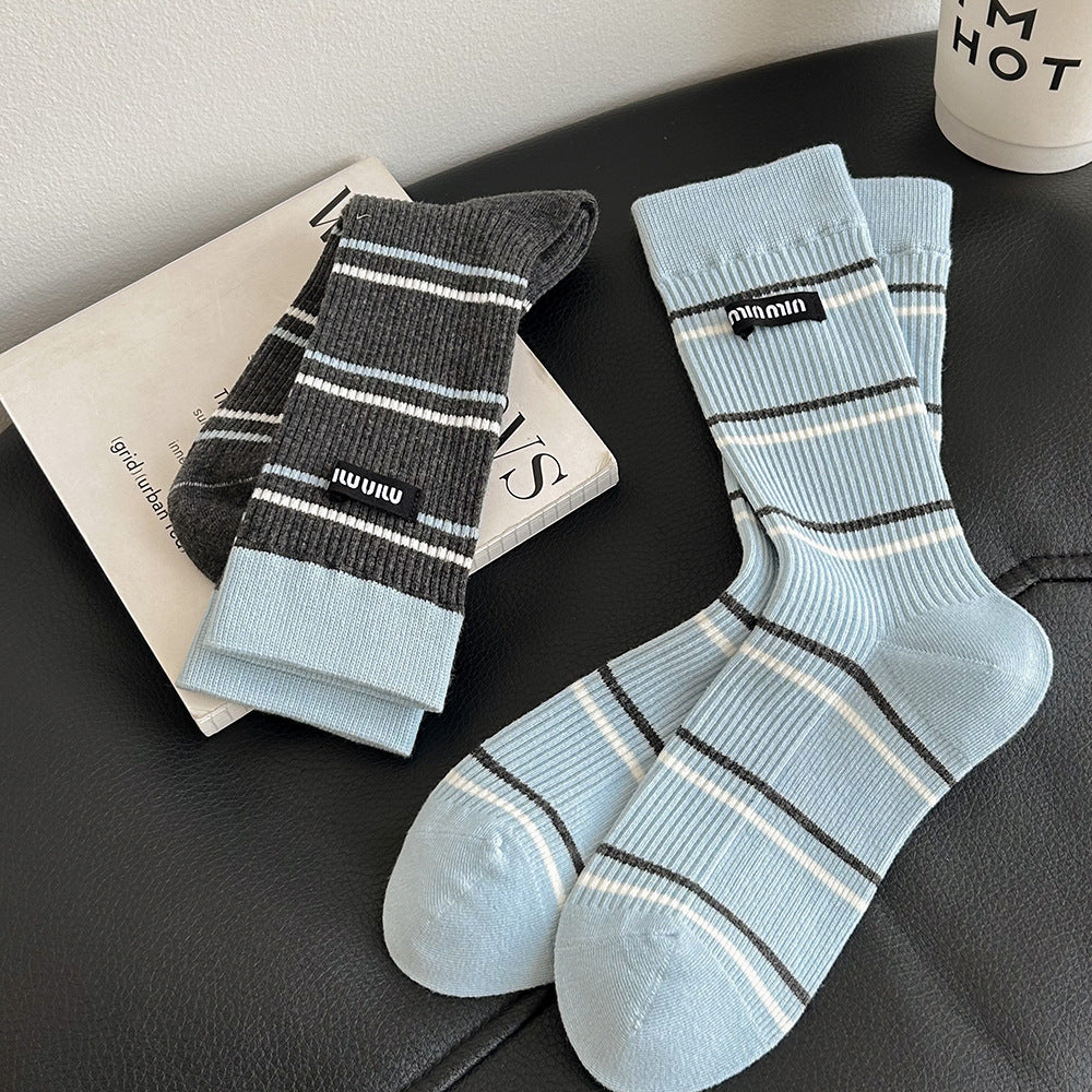 Women's Striped Cotton Crew Socks | Trendy Mid-Calf Socks