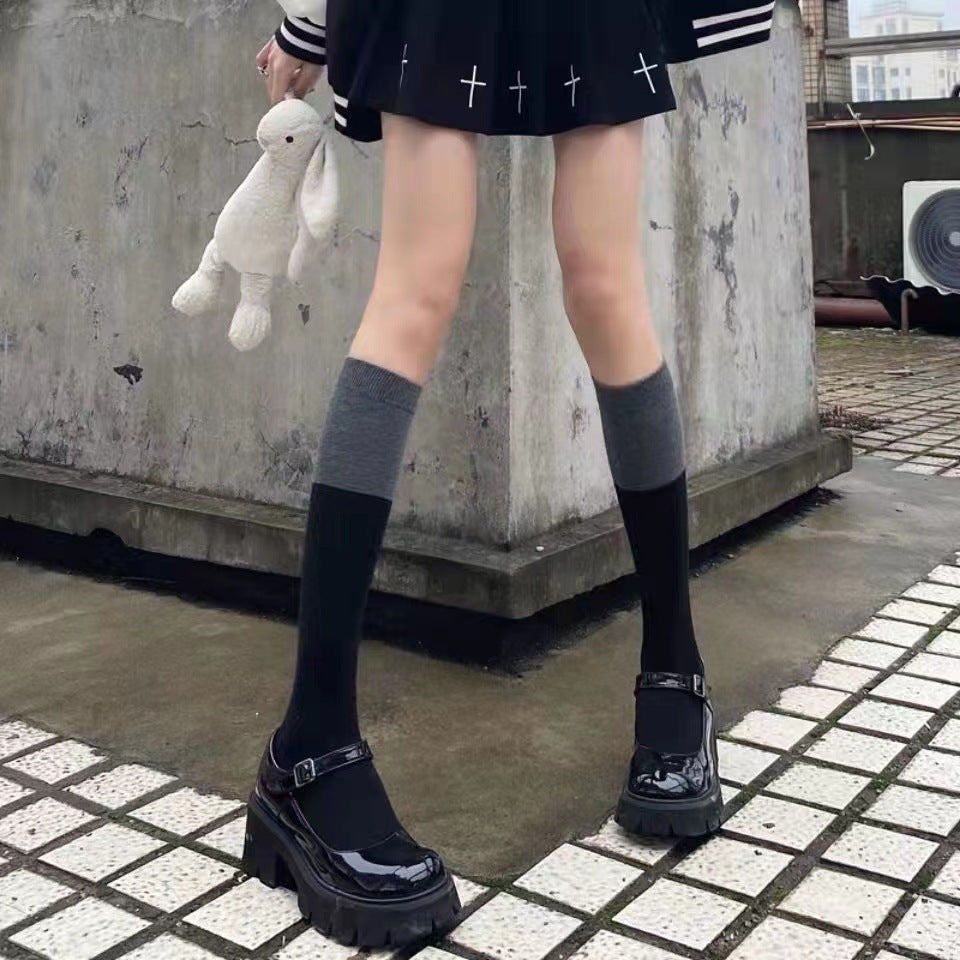 Women's Black Grey Color Block Knee Socks | Trendy Everyday Wear