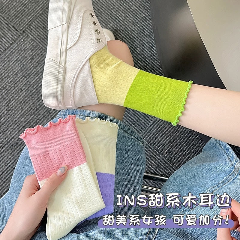 Cute Colorblock Ruffled Cotton Crew Socks for Women