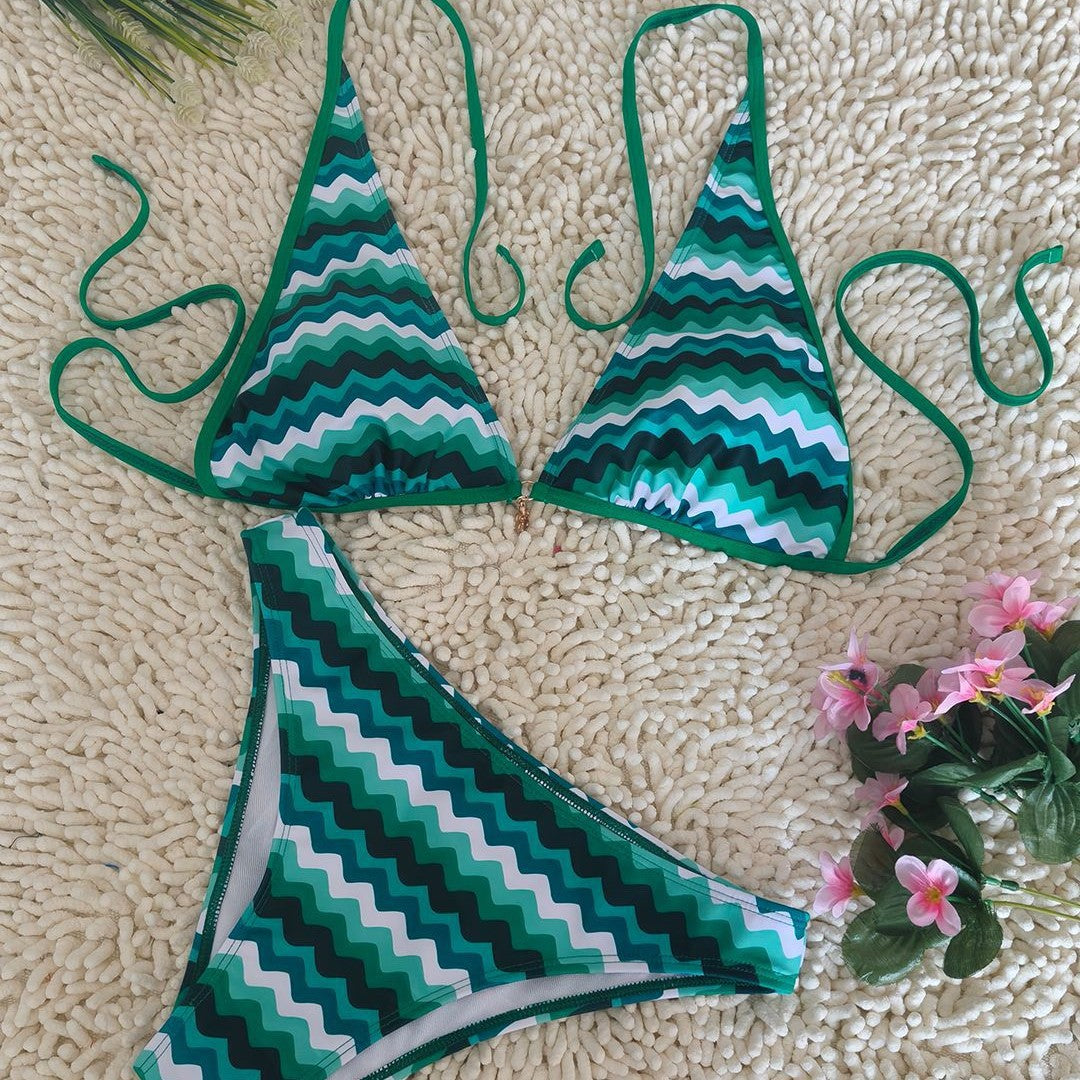 Green Wave Print Halter Bikini Set | Women's Summer Beach Swimwear