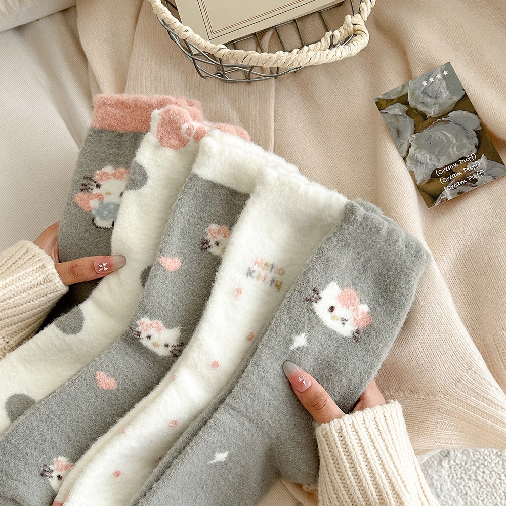 Cute Fuzzy Cozy Crew Socks | Hello Kitty Winter Socks for Women