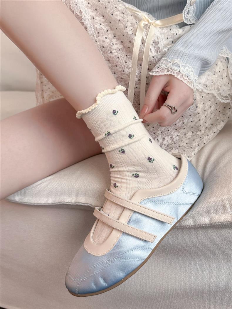 Floral Ruffle Crew Socks for Women | Thin Breathable Spring Socks