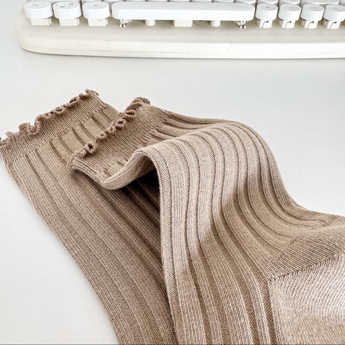 Ruffle Trim Solid Cotton Crew Socks for Women
