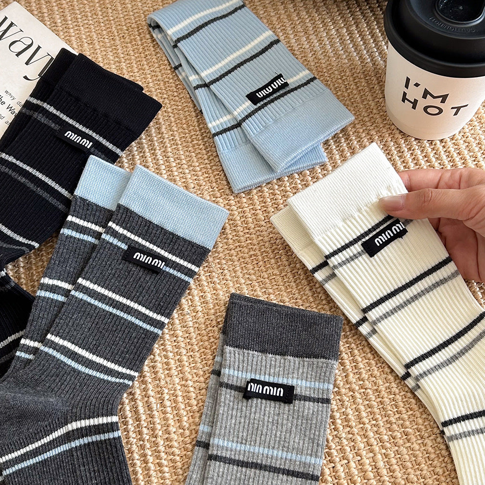 Women's Striped Cotton Crew Socks | Trendy Mid-Calf Socks
