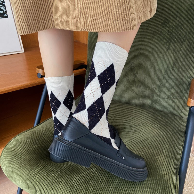 Vintage Argyle Crew Socks for Women | Retro Patterned Mid-Calf Socks