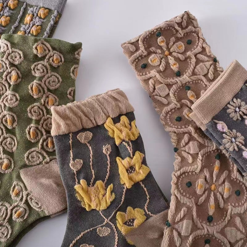 Vintage Floral Crew Socks for Women | Textured Retro Cotton Socks