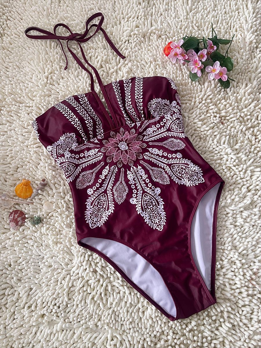 Vintage Print Halter One-Piece Swimsuit | Retro Beach Swimwear