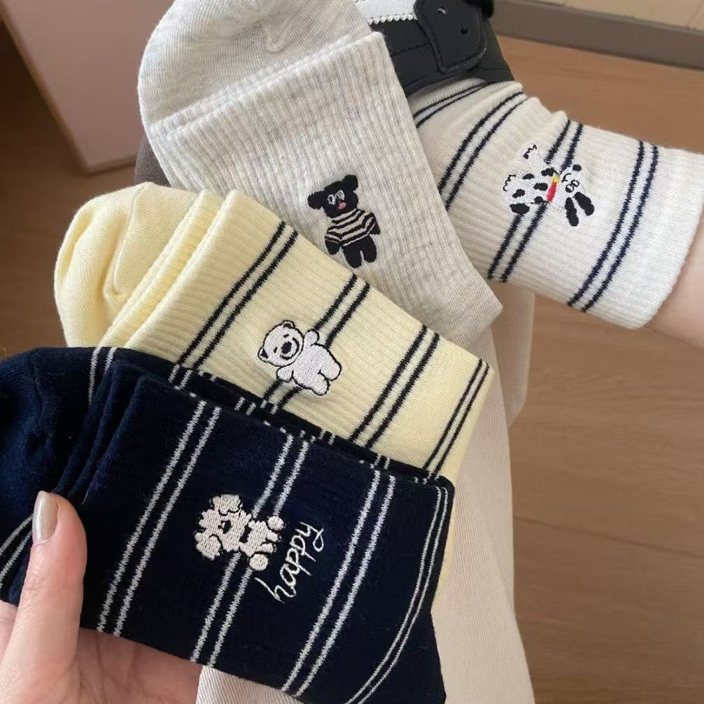 Cute Embroidered Striped Crew Socks for Women