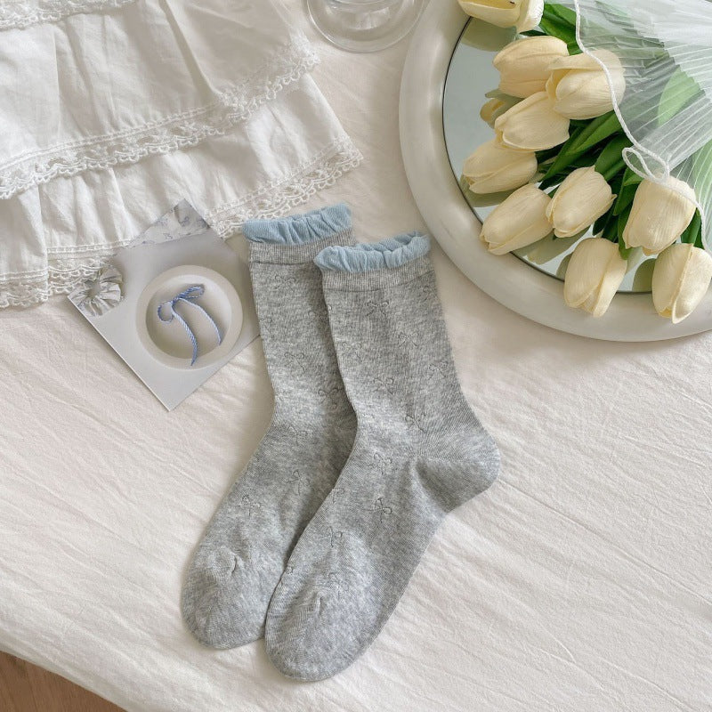 Ruffled Bow Cotton Crew Socks | Balletcore Socks for Women