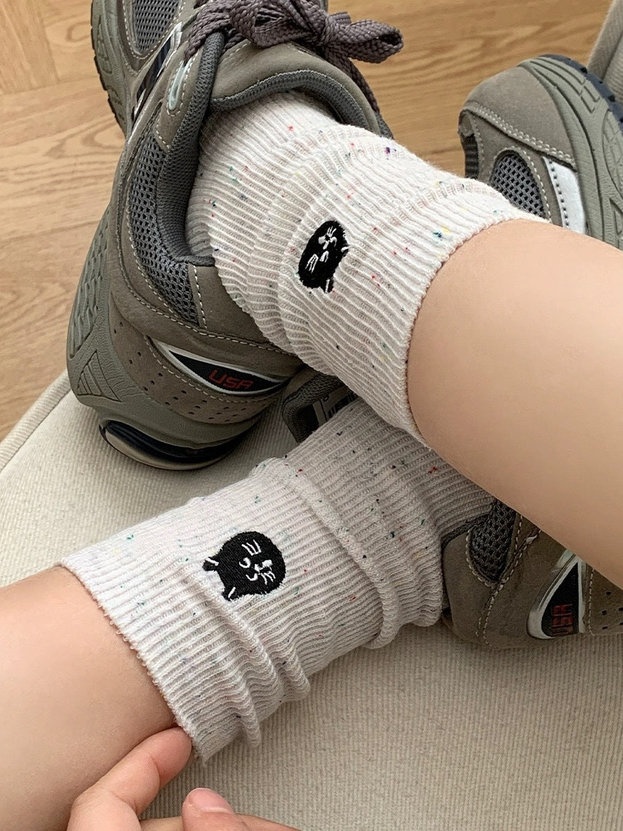 Speckled Embroidered Cotton Crew Socks for Women