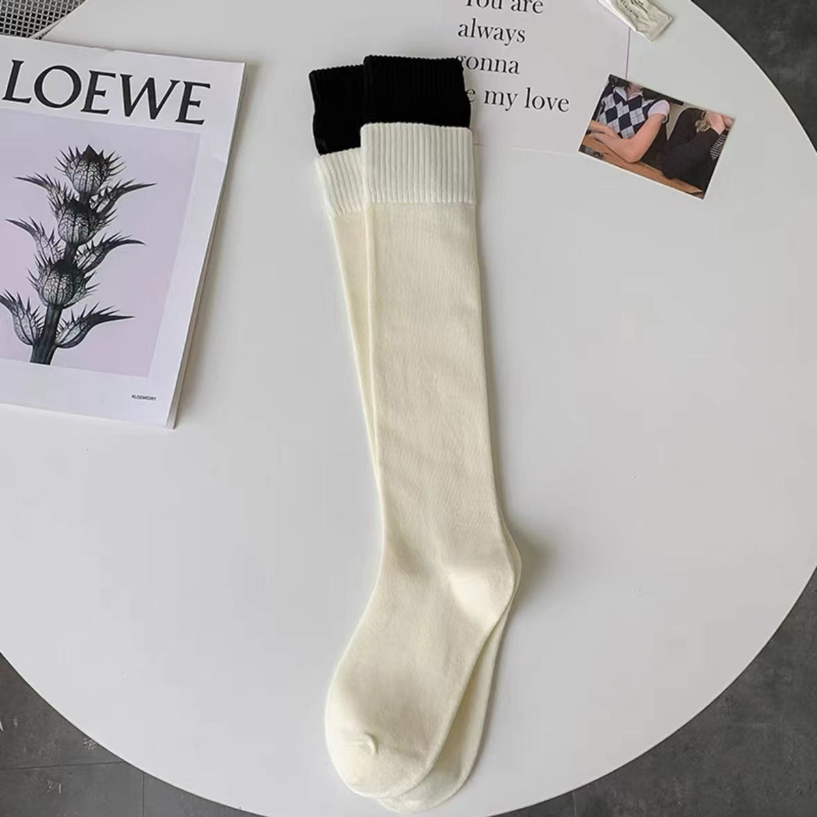 Two-Tone Double Cuff Calf Socks for Women | Slouch Knee High Socks