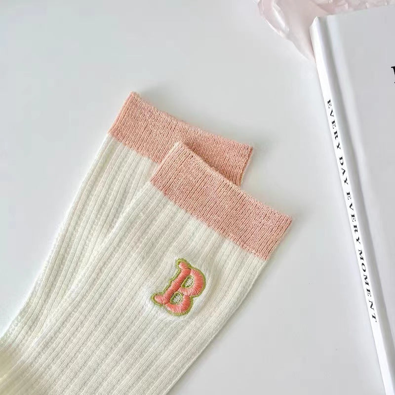 Cotton Crew Socks for Women | Preppy Pastel Embroidered Mid Calf