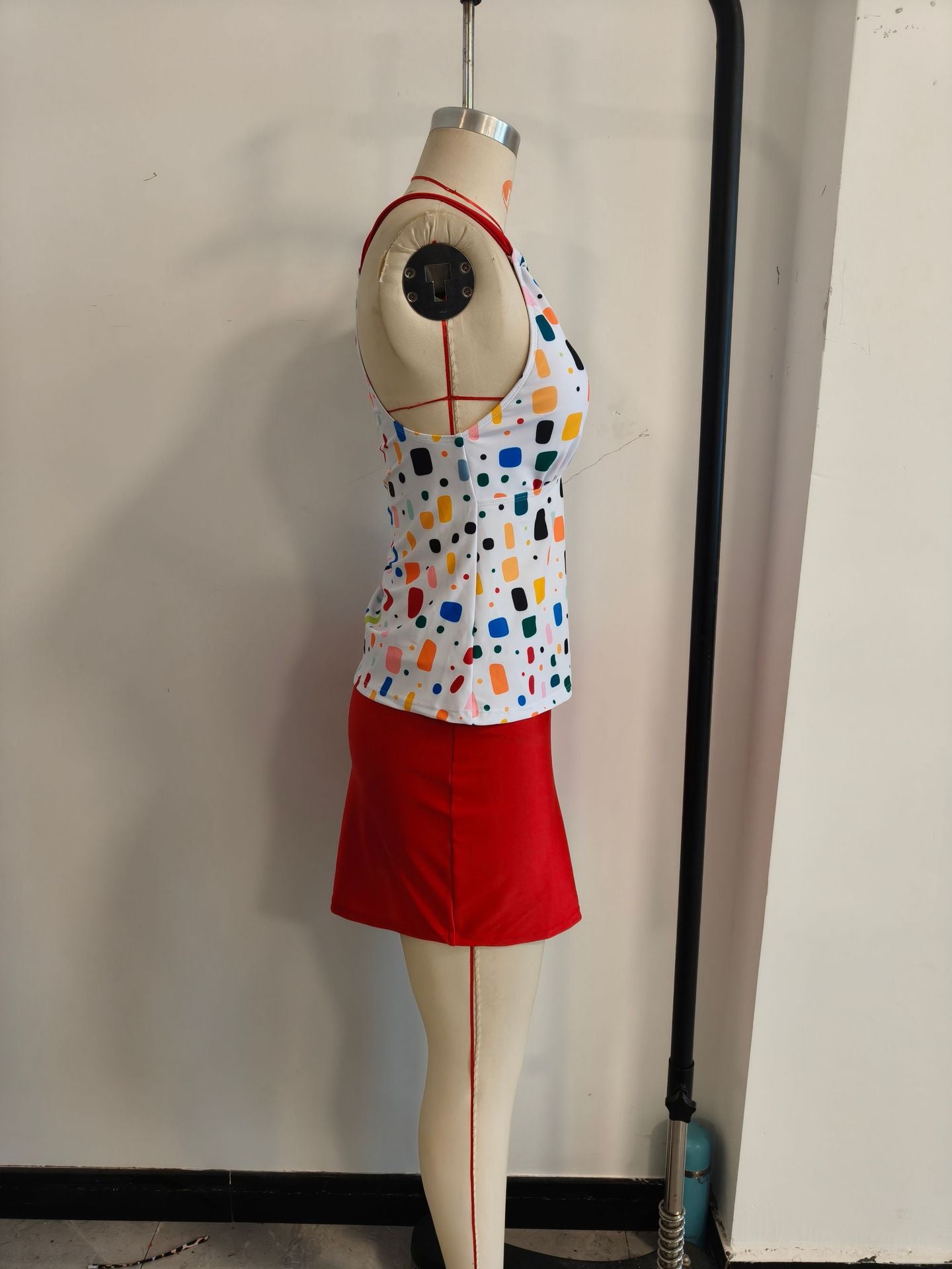 Polka Dot Halter Contrast Two-Piece Skirted Women's Swimwear