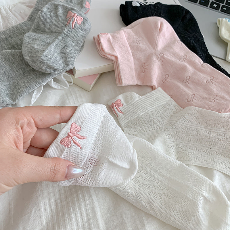 Women's Embroidered Bow Mesh Ankle Socks | Breathable Summer Socks