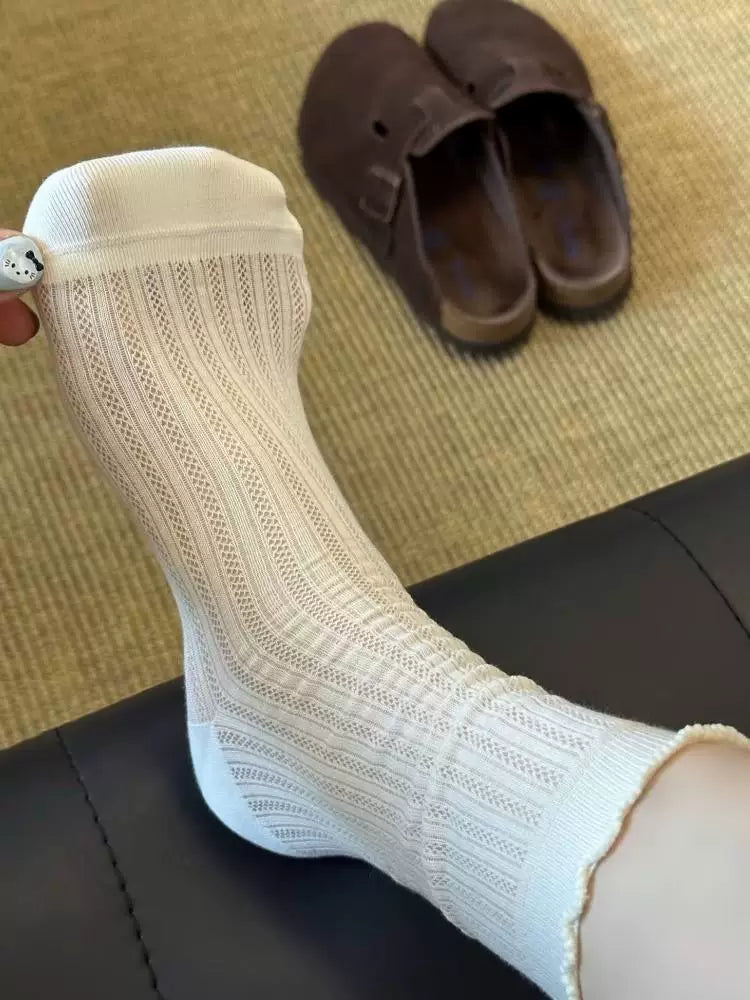 Ruffled Ballet Mesh Crew Socks for Women | Breathable Summer Socks