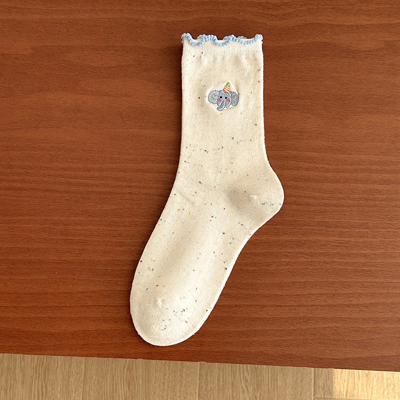 Cute Embroidered Cotton Crew Socks for Women | Ruffled Casual Socks