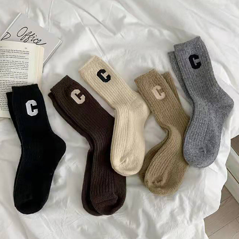 C-Logo Cotton Crew Socks for Women | Trendy Fall Winter Mid Calf