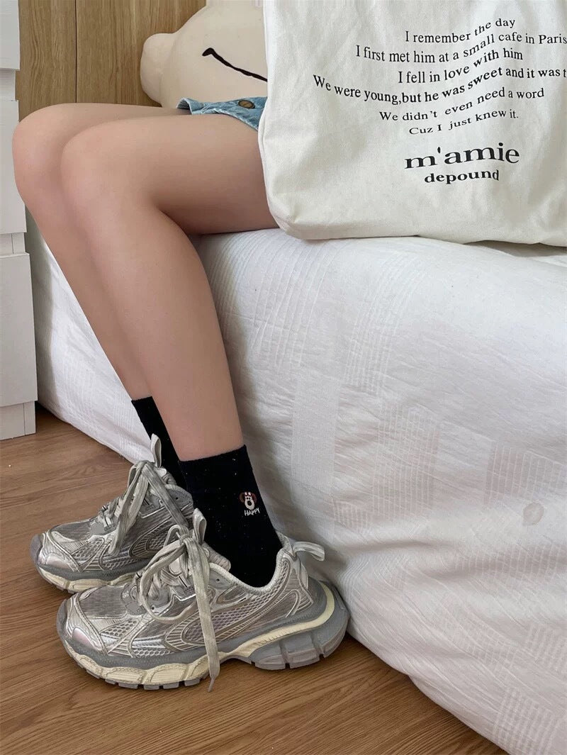 Cute Embroidered Crew Socks for Women | Soft Speckled Cotton Socks