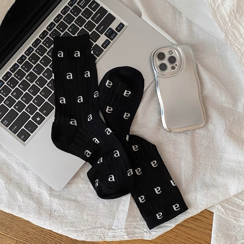 Thin Letter Print Cotton Crew Socks | Casual Socks for Women