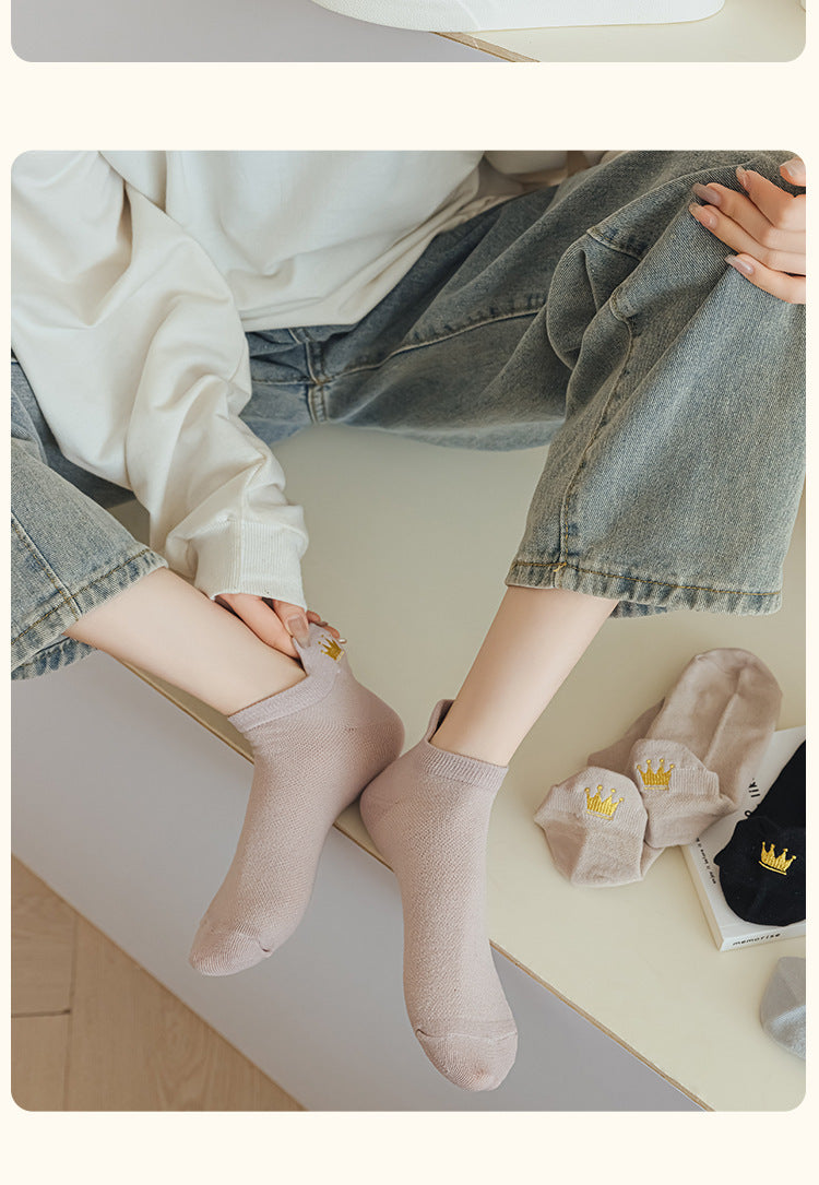 Embroidered Crown No-Show Socks | Breathable Summer Mesh Socks for Women
