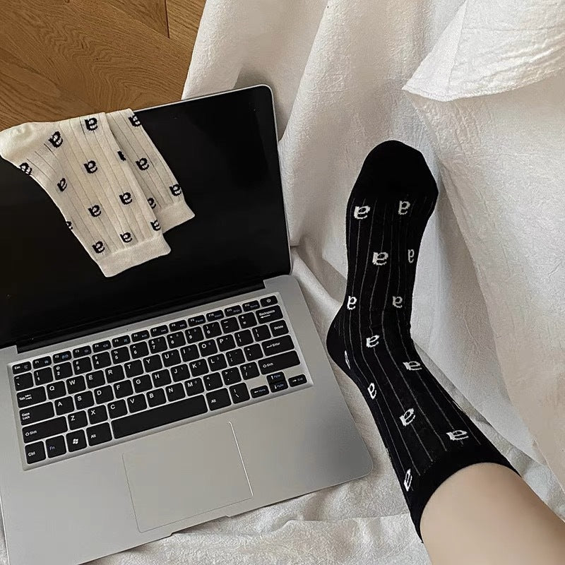 Thin Letter Print Cotton Crew Socks | Casual Socks for Women