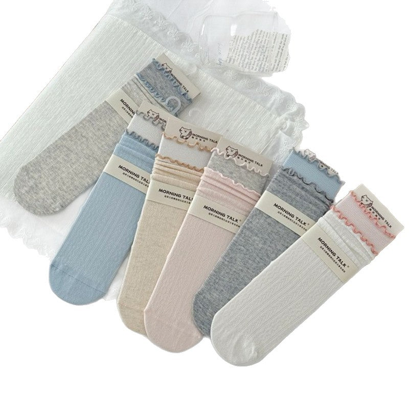 Women's Ruffled Cotton Crew Socks | Seamless Breathable Summer Socks