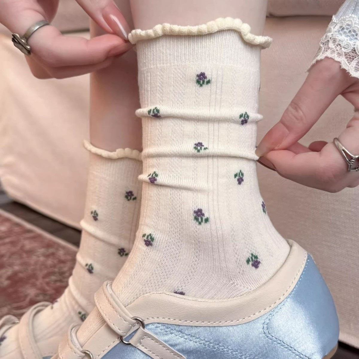 Floral Ruffled Crew Socks for Women | Thin Breathable Spring Summer Socks