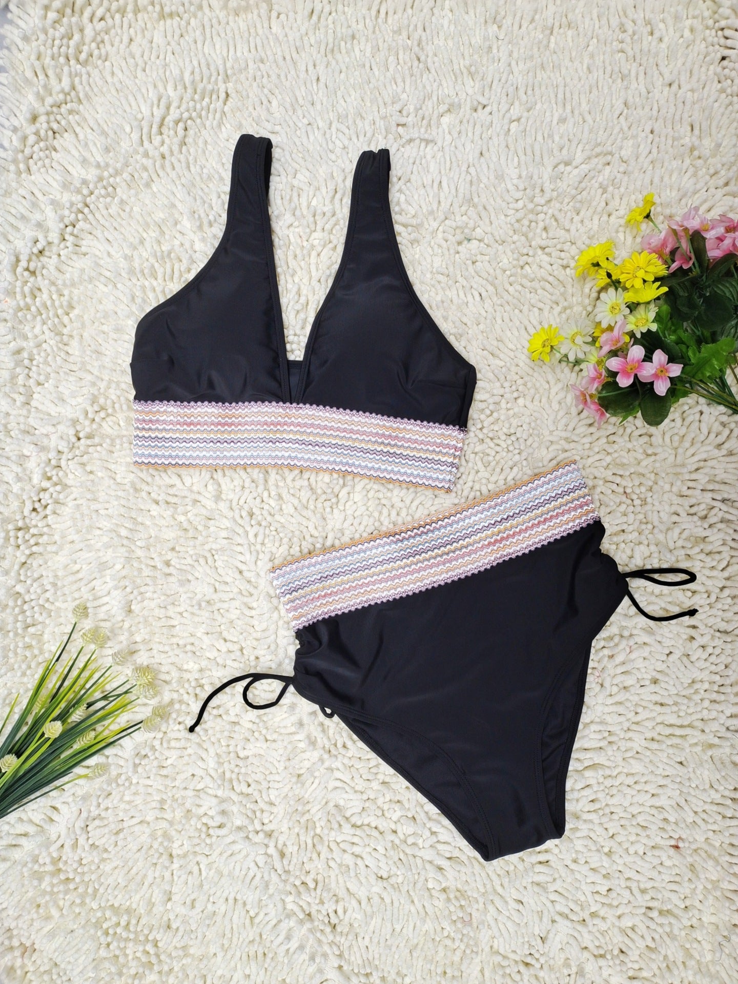 Deep V High-Waisted Black Bikini Set | Sexy Women's Swimwear