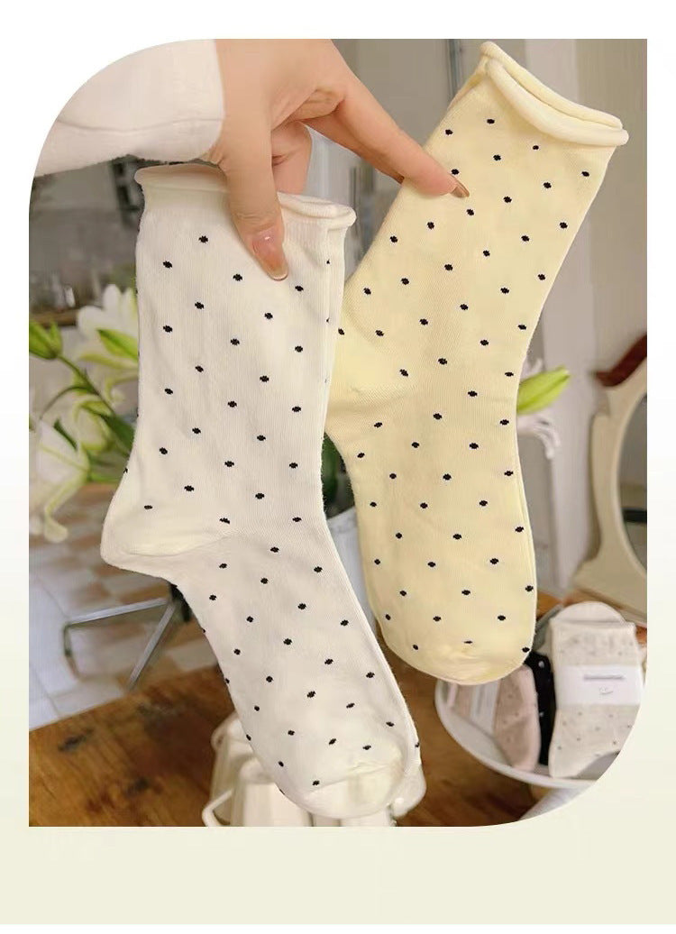 Polka Dot Cotton Crew Socks | Women's Rolled Edge Mid Calf Socks