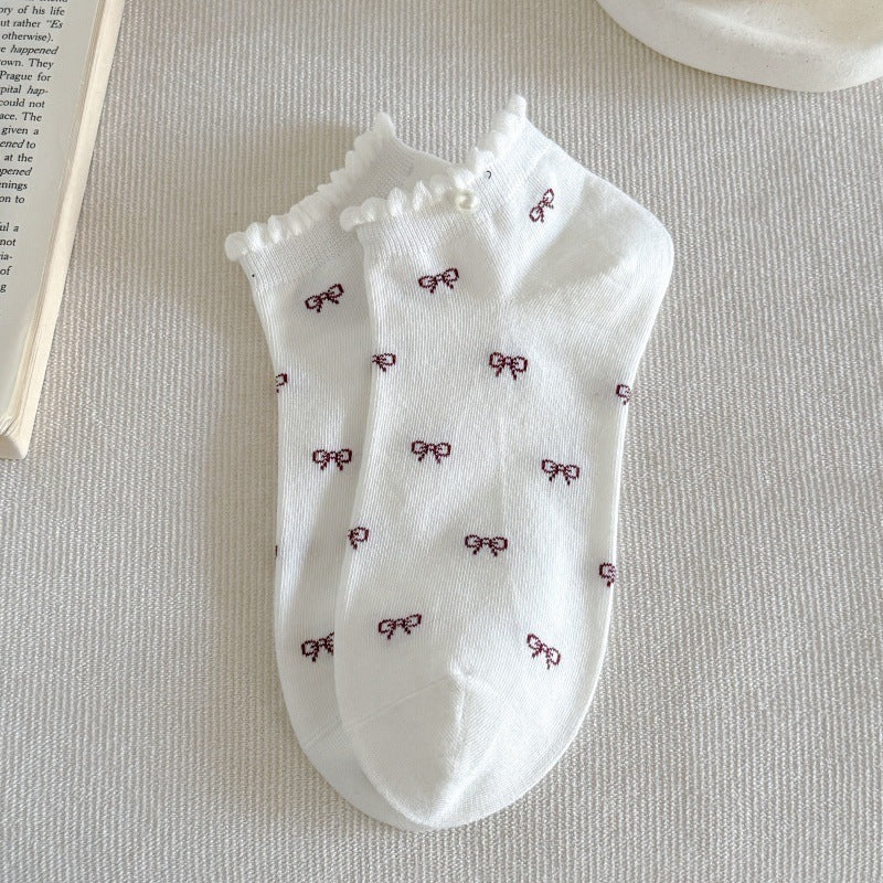 Bow Ruffle Ankle Socks for Women | Thin Summer Patterned Cotton Socks