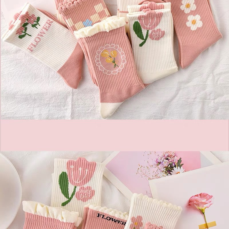 Cute Pink Floral Crew Socks for Women | Soft Cotton Patterned Socks