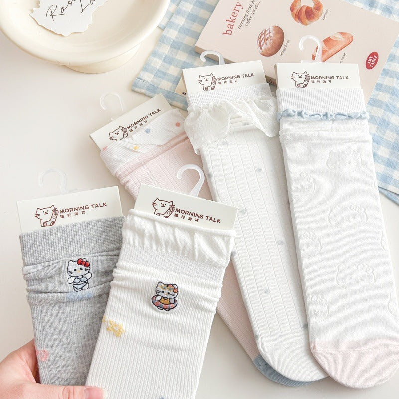 Cute Embroidered Cat Cotton Crew Socks for Women
