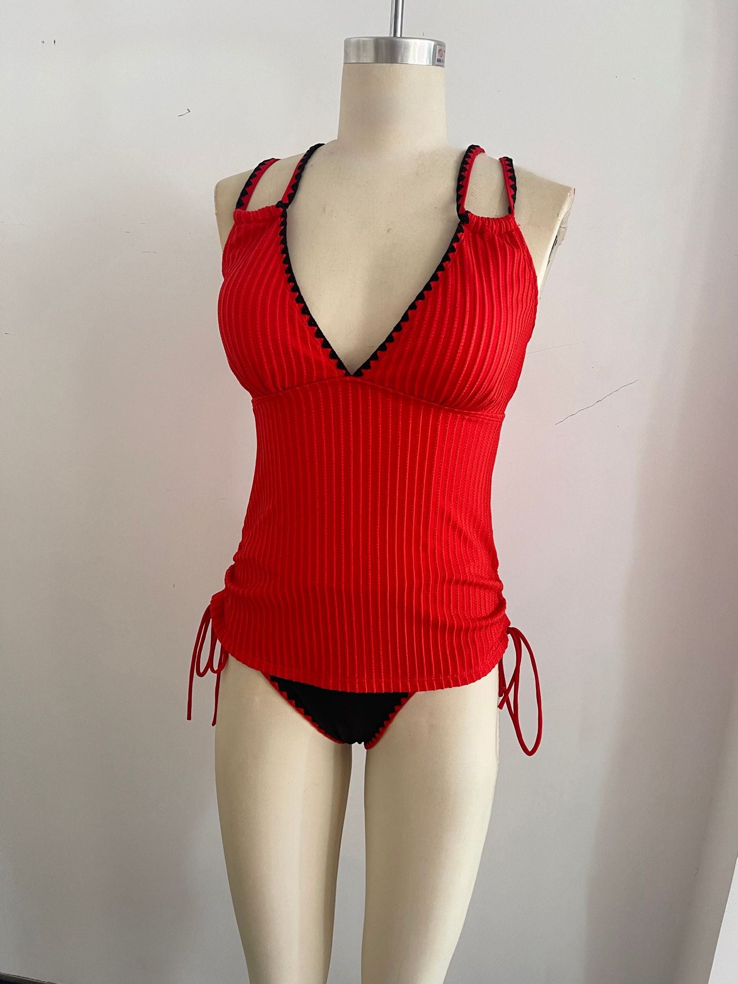 Deep V Red Tie-Side Tankini Set | Sexy Women's Swimwear