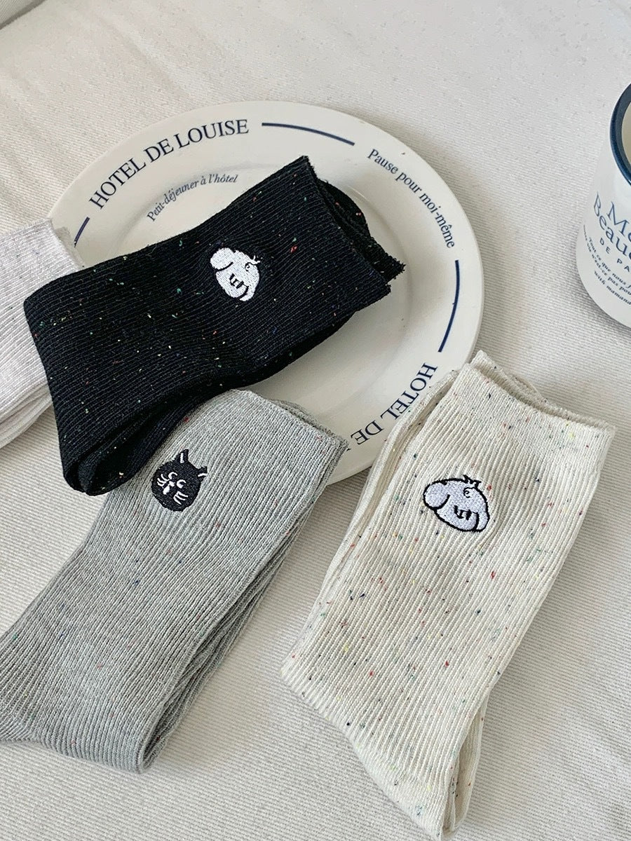 Speckled Embroidered Cotton Crew Socks for Women