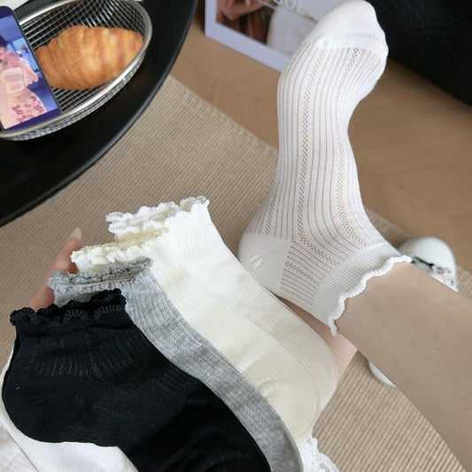 Ruffle Trim Mesh Ankle Socks for Women | Breathable Summer Socks