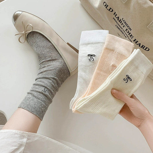 Thin Summer Ballet Bow Cotton Crew Socks for Women