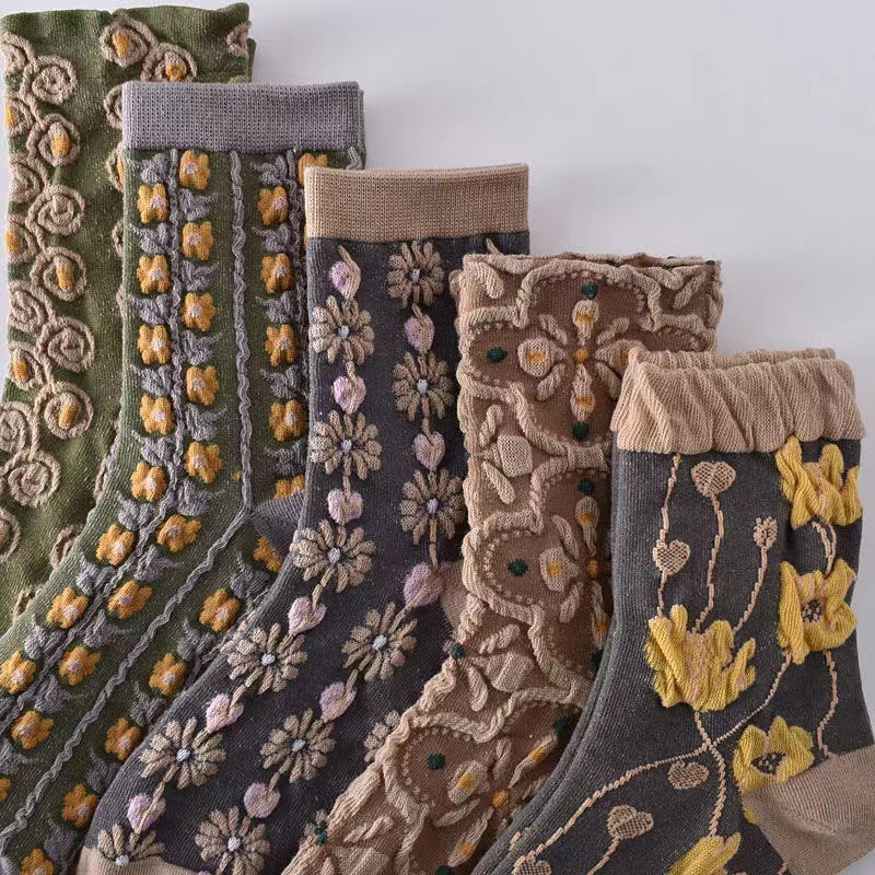 Vintage Floral Crew Socks for Women | Textured Retro Cotton Socks