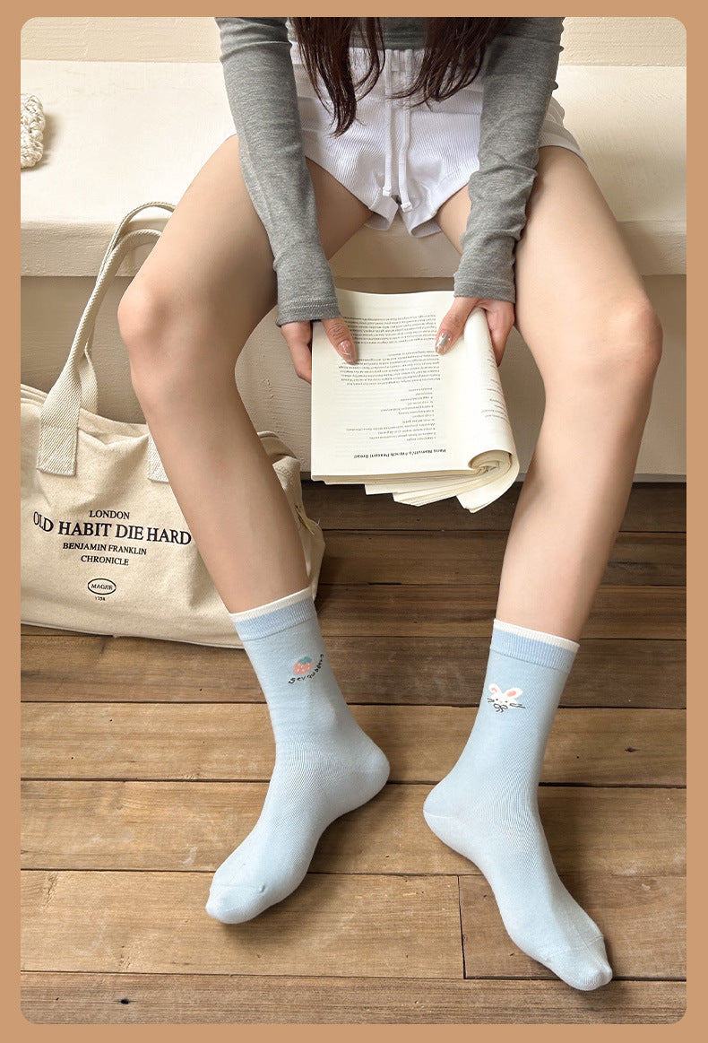 Cute Cartoon Cotton Crew Socks | Seamless Women's Mid Calf Socks