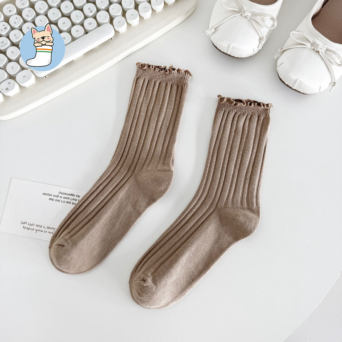 Ruffle Trim Solid Cotton Crew Socks for Women