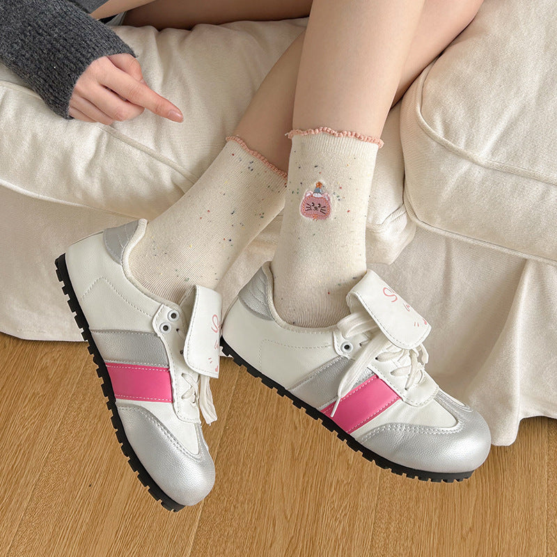 Cute Embroidered Cotton Crew Socks for Women | Ruffled Casual Socks