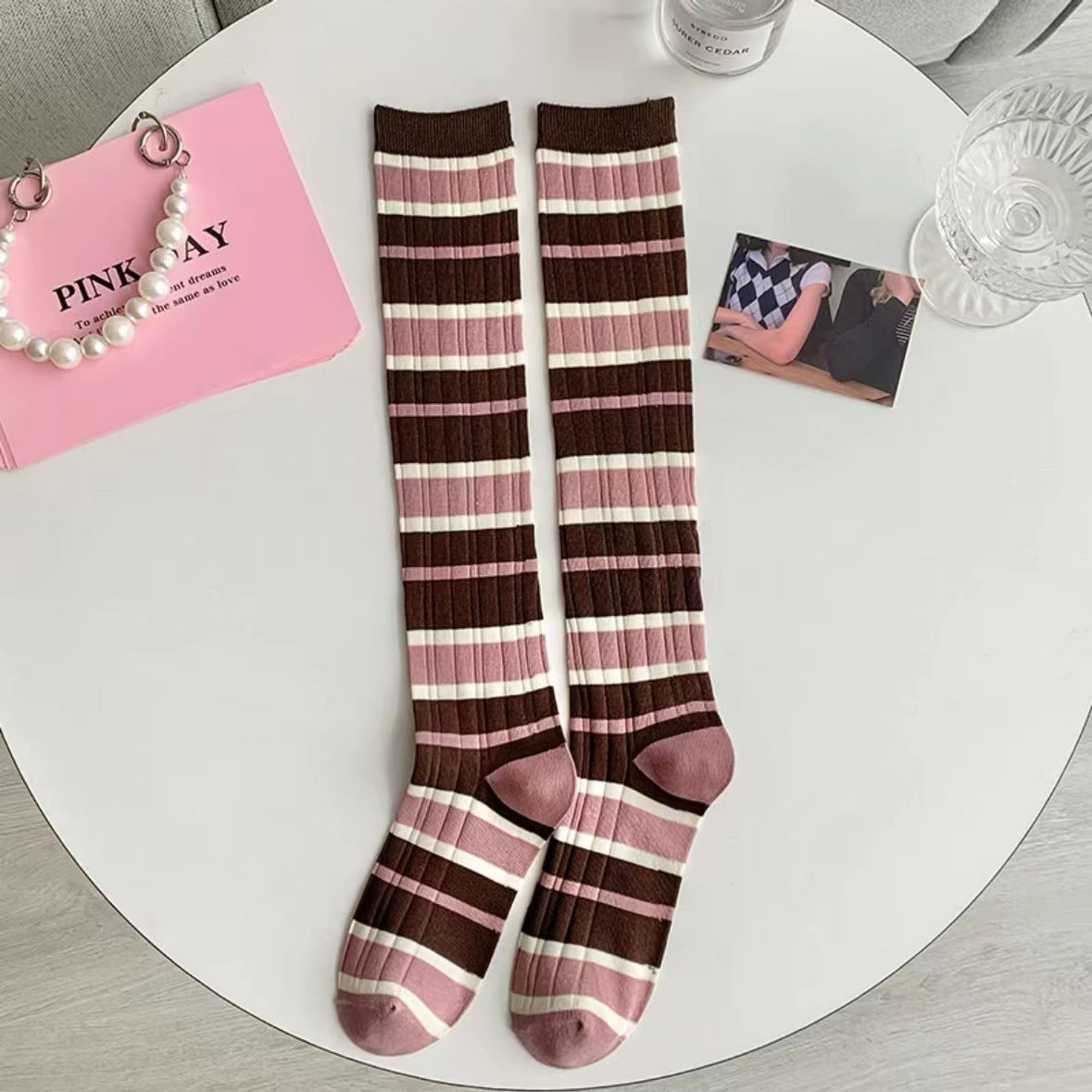 Pink Striped Knee High Socks | Women's Preppy Patterned Calf Socks