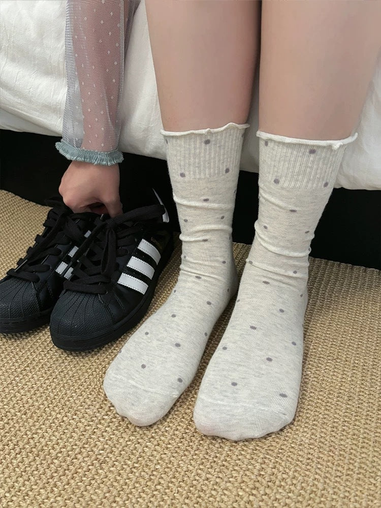 Ruffled Polka Dot Cotton Crew Socks for Women
